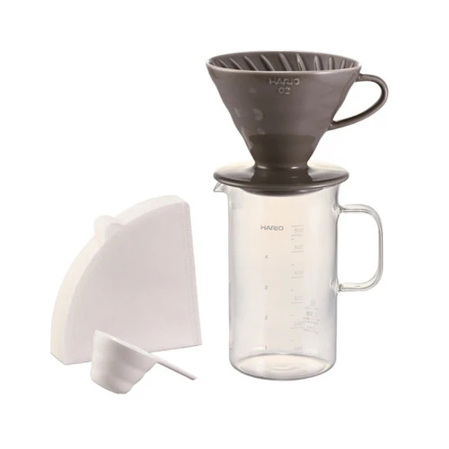 【HARIO】V60石墨灰咖啡量杯套組(陶瓷濾杯+咖啡壺+濾紙+量匙/BVD-3012-GR) (1-4杯用)