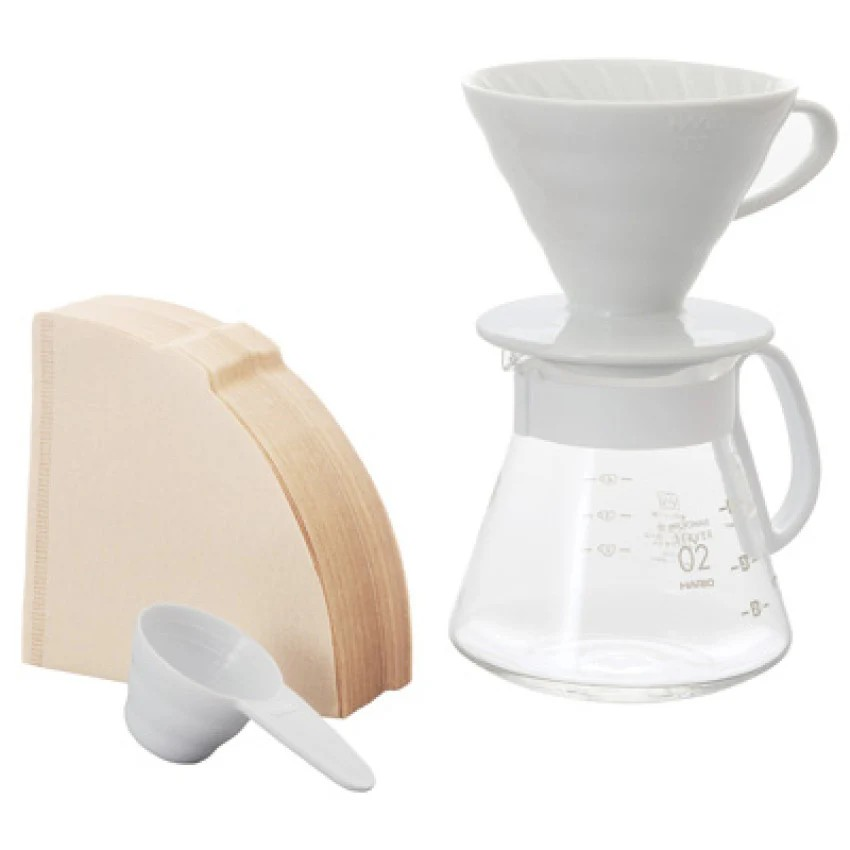 HARIO | V60 02 陶瓷濾杯手沖咖啡壺組 白色 (附100張濾紙) XVDD-3012W【1-4杯用】